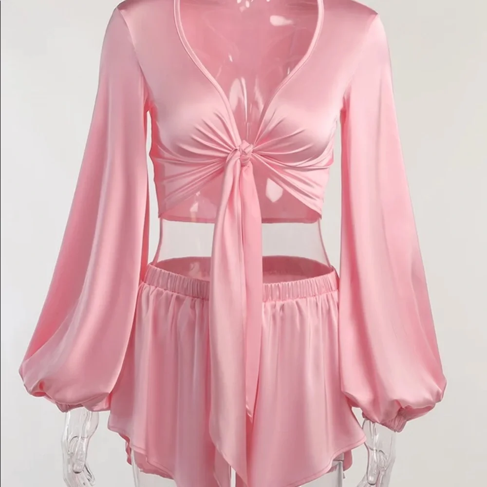 NEW two pieces set pink crop top shorts summer womens M;L - Picture 6 of 16